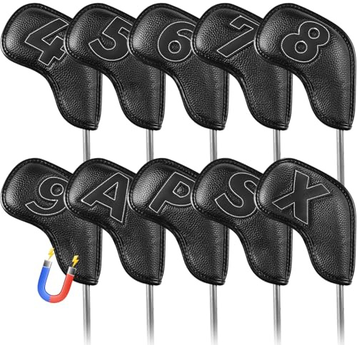 Golf Iron Covers Set Strong Magnetic Closure Value 10 Pack, Double Side Number Synthetic Leather Deluxe Club Headcover, Universal Head Cover Fit Main Irons Clubs for Women Men (Black)