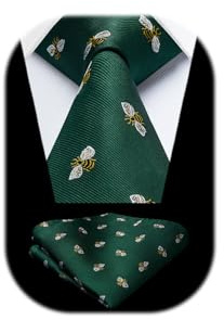 HISDERN Green Tie for Men Bee Pattern Ties Handkerchief Novelty Animal Print Wedding Necktie & Pocket Square Set