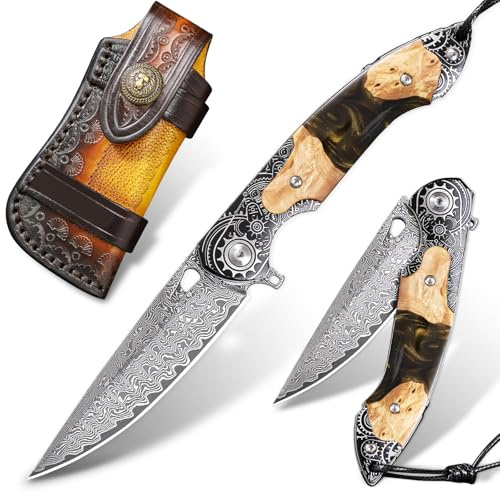 ALVELY Handgefertigt Damaszener Stahl Taschenmesser, 3,5 „ Klingen Männer und Frauen Klappmesser, mit Lederscheide, Harz und Ahorn Griff, geeignet für Outdoor EDC tragen, Camping Abenteuer Jagd