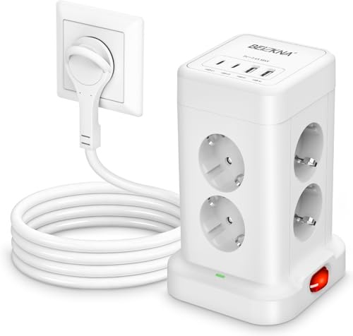 Ciabatta Multipresa con 4 USB, Ciabatta a 8 Porte a Spina piatta con Protezione da Sovratensioni, Cubo di Prese, Ciabatta con Interruttore Torre di Prese Prolunga con Cavo da 2 metri, 3680W