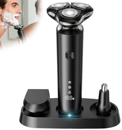 XPEX 1 Set da Rasoio Elettrico Barba Uomo, 3 in 1 Regolabarba Uomo con Display LED Rasoio Barba Impermeabile Bagnato/Asciutto,Include rifinitore per basette, rifinitore per peli del naso e base