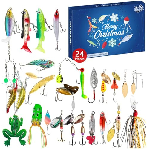 Fiske adventskalender - 24 stycken 2025 jul nedräkning, fiskedrag kit nedräkningskalender | För födelsedag fiskare öring bar