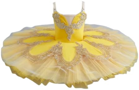 Omfpafeu Abito da Spettacolo di Danza Classica per Bambine, tutù da Pancake con Piatto da Balletto, Abito da Competizione per Feste di Ballerine per Bambini,Giallo,170