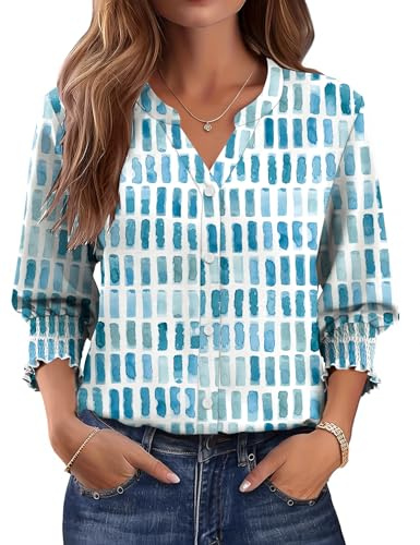 Rapbin Blusa para mujer, manga 3/4, manga larga, cuello en V, parte superior, con botones, vestido de verano, camiseta, Blanco Azul Cuadros, M