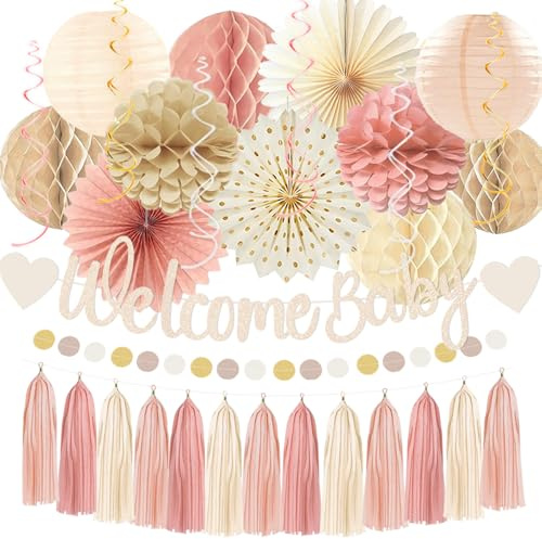 Tazuxetuqe Decoraciones boho rosa empolvado para baby shower beige champán para niña, banner de bienvenida para bebé con bolas nido de abeja, flores de papel, faroles, pompones y abanicos