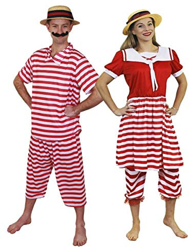 I LOVE FANCY DRESS LTD Costume da Bagno Vittoriano per Adulti Coppie. Costume da Bagno Anni '20 per Lui & LEI Costume da Bagno Vittoriano con Cappelli da PAGLIETTA (Uomo: XL - Donna: M)
