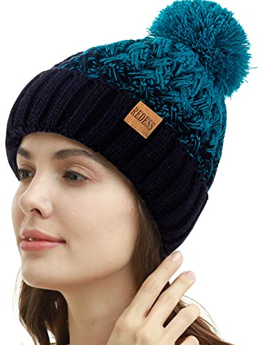REDESS - Gorro de Invierno con pompón para Mujer, Gorros cálidos con Forro Polar, Gorro Cruzado de Punto de Nieve Holgado Grueso para Damas