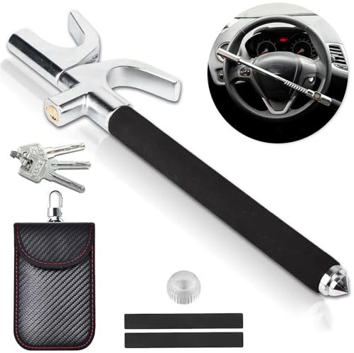 BURNTOP Steering Wheel Lock Heavy Duty with 3 Laser Keys + RFID Car Key Signal Blocker Pouch - Fit for All Makes and Models Truck SUV Van Car