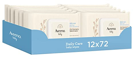 Aveeno Baby Daily Care Wipes (12 x 72 unidades), Toallitas húmedas suaves para bebés y niños, toallitas bebé con extracto de avena y aloe vera, sin perfume, sulfatos ni alcohol