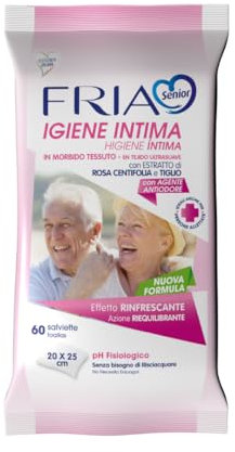 Salviette per l’Igiene Intima degli Anziani - con Estratti di Rosa Centifolia e Tiglio - Azione Riequilibrante - Antiodore - Formato: 60 Salviette - FRIA Senior