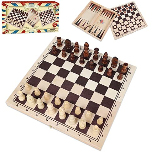Wooden Chess, Checker and Backgammon, 3 in 1 Board Game Set, Classic Traditional Travel Night Toy and Game Gift Set for Kids Adults Senior Family