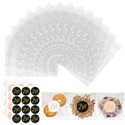 Bomtop 100pcs Sacchetti Cellophane Trasparente con Chiusura Adesiva et 108 Etichette, 10 x10 cm di Sacchetto per Caramella, Sacchetti di Regalo per Matrimonio Battesimo Comunione, Bustine di Partito