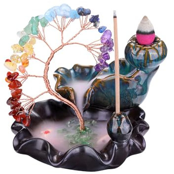 JSDDE Rückfluss Räuchergefäß mit Chakra Lebensbaum Deko, Weihrauchbrenner mit Feng Shui Baum Deko, Räucherstäbchenhalter Weihrauchhalter Brenner Aromatherapie Ornament