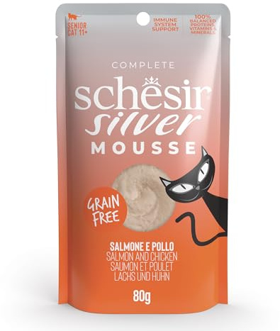 Schesir Silver, Salmone in Mousse, Alimento Umido Completo per Gatti Anziani, Grain Free, Supporta il Sistema Immunitario, Ricco di Idratazione, 12 x 80 g