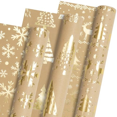 Carta da regalo natalizia, 3 rotoli 43 x 300 cm, metallica, oro e marrone, carta kraft da regalo, fiocco di neve, albero di Natale e renna, per Natale e vacanze invernali