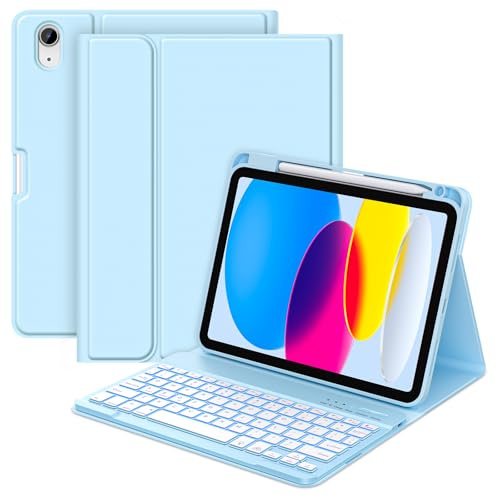MMK for iPad 11/10th Gen Case with Keyboard 11/10.9 inch 2025 A16/2022, Detachable Wireless Bluetooth Keyboard with Pencil Holder, UK Layout Keyboard Case for iPad 11/10 Gen, Blue