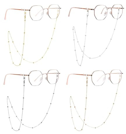 BQRKOTM 4 Pièces Chaînes de Lunettes, Cordon Lunettes, Lanière de Lunettes, Elégant Porte-Lunettes, Soleil Sangle de Lunettes avec perles en cristal métallique, Masque Cordon de Retenue pour Lunettes