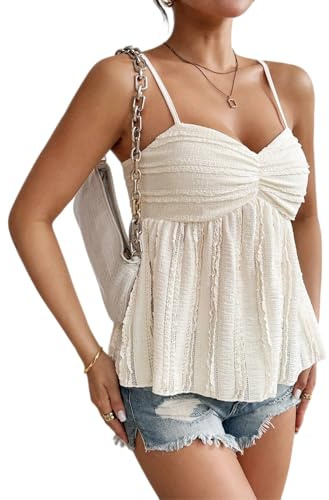 SISKIN Womens Peplum Tank Tops Babydoll Lace Going Out Camisole Top Ruffle Spaghetti Strap Camisole Apricot L