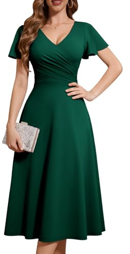 Fynadressr Womens Wedding Guest Party Dress Cocktail Semi Formal Wrap V Neck Short Sleeve A Line Midi Dress with Belt