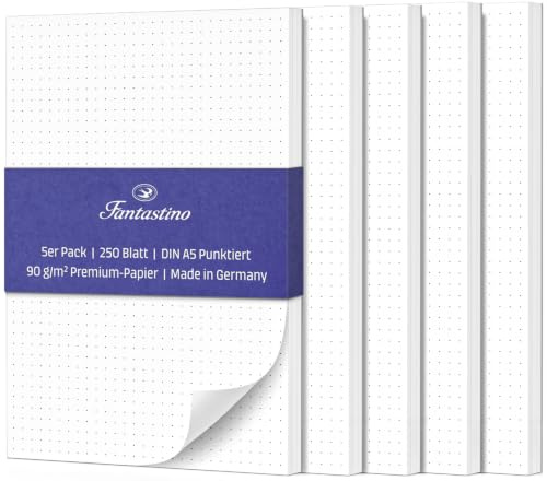 Anteckningsblock A5 Punktad - 5 Pack, 250 Blad (50 per Block), 90 g/m² Premiumpapper. Små Block punktade, Rivbar Skrivblock för Kontor, Hem, Skola och Universitet