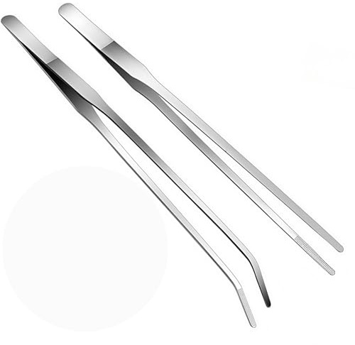 Reptile Feeding Tongs, 2Pcs Stainless Steel Feeding Tongs Long Tweezers Aquarium tweezers Rubber Tipped tweezers Straight and Curved Long Tweezers Terrarium Feeder Tool for Fish Tank Plant Aquascape