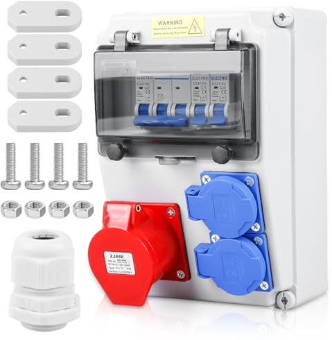 Caja de distribución, distribuidor de corriente para obra, distribuidor de pared, con interruptor automático, 2 tomas Schuko y CEE 16A, distribuidor de corriente impermeable, completamente