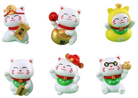 Arecobticy Colección de 6 adornos de gatos de la suerte para prosperidad y fortunas de éxito, figuras para negocios y entusiastas del Fengshui, figura de gatos de la suerte