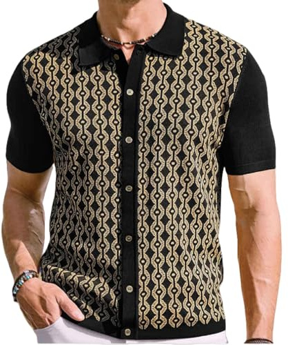 Polo a Rayas para Hombre, Transpirable, de Punto, Estilo Vintage, Camisa de Manga Corta con Botones 2025 (7,M)
