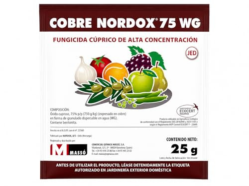 PACK 1 UNIDAD Fungicida cuprico de alta concetracion Nordox 75WG 25g. Accion preventiva. Eficaz contra mildiu. Ideal para huerta, frutales y vid.