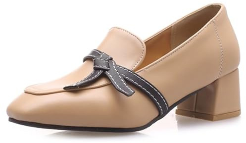 MiaZane Décolleté da Donna Tacco Largo Mocassini in Pelle Sintetica Punta Quadrata Slip-On Scarpe da Ufficio Classiche Tacco Medio Dettaglio Fiocco Retro,Apricot,36 EU