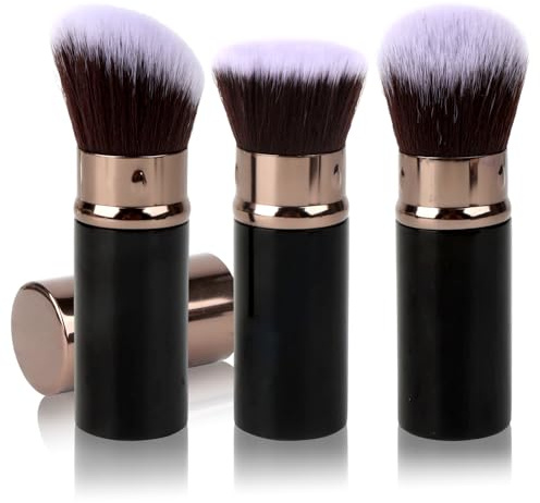 MOTIBACK Set di 3 pennelli da trucco retrattili, portatili con punta rotonda, piatta e obliqua, setole sintetiche morbide per fondotinta, blush e contouring
