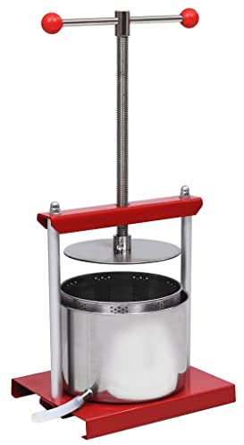 Ziaphsol Frukt- och vinpress i rostfritt stål 6 l för vintillverkning, vinproduktion och jäsning, fruktpress för mask, must och jäst, 2-arms vridhandtag, 30 x 24,5 x 45–70 cm, röd