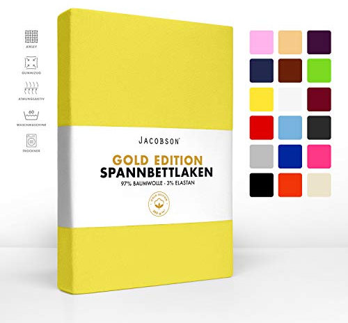 Jacobson Gold Edition Jersey Spannbettlaken Spannbetttuch Baumwolle mit ELASTAN ca. 200 g/m² (140-160 x 220 cm + 40cm, Gelb)