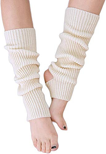 YUANQIAN Women Winter Extra Soft Over Knee High Footless Knitted Stirrup Leg Warmers for Yoga Ballet Dance (White -1pair)