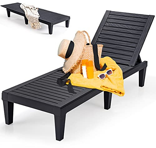 RELAX4LIFE Sonnenliege, Gartenliege Wetterfest, 5-Stufig Verstellbarer Rückenlehne, Liegestuhl aus Kunststoff, Relaxliege 180 kg Belastbar, Outdoorliege Strandliege 190 x 57,5 x 84,5 cm (Schwarz)