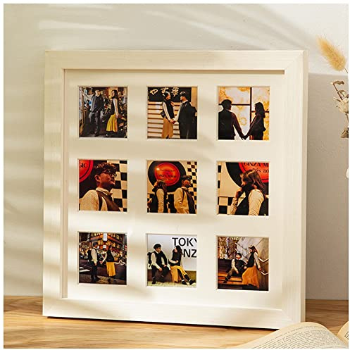 Trä fyrkantiga bildramar collage för 9 foton 5,5 x 5,5 cm/9 x 9 cm, väggmonterad, multi familjefoton, för heminredning eller vardagsrum trappdekoration, 37,3 cm (14,6 tum), B-vit
