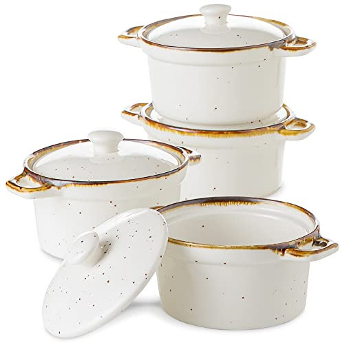 ONEMORE Auflaufförmchen mit Deckel, 340 ml Keramik, kleine Auflaufform mit Griffen zum Backen von Creme, Brulee-Suppe, Mini-Dutch Oven Rustikales Cocotte-Set für individuelles Servieren, Cremeweiß
