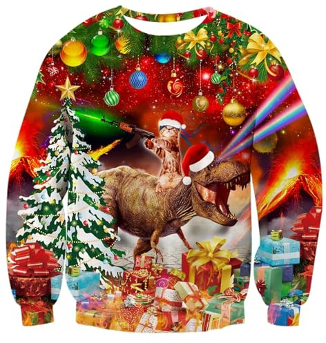 TUONROAD Mens Ladies Ugly Christmas Sweatshirts Cute Cat Dinosaur Pullover 3D Printed Long Sleeve Ugly Sweater Red XXL