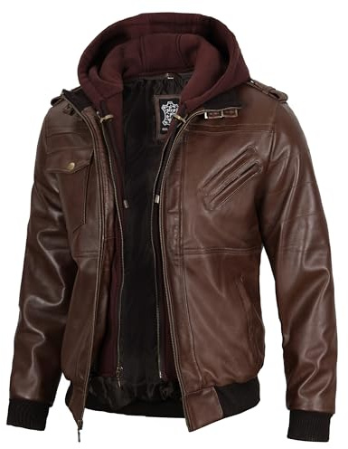 fjackets Veste bomber en cuir pour hommes - Edinburgh Veste à capuche amovible en cuir véritable marron foncé pour hommes | [1112372] S