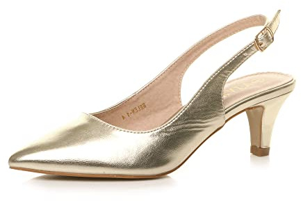 AJVANI Womens Ladies Low Heel 50s Slingback Buckle Pointed Open Back Shoes Size 6 39 Gold