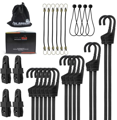 POLARBEAR 28Pcs Bungee Cords with Hooks Assorted Sizes - 10 18 24 31 40 Plastic Coated Steel Cords - with 4 Tarp Clips/4 Ball Cords/Storage Bag - Use for Transport, Moving, Fixed Goods(Black)