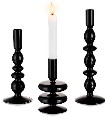 Glasseam Kerzenständer Schwarz Stabkerzenhalter, 3er Set Kerzenhalter Glas, Chic Kerzenständer Weihnachten für Haus Deko, Kerzenhalter Stabkerzen Kerzen Ständer für Geburtstag Halloween Tafelkerzen