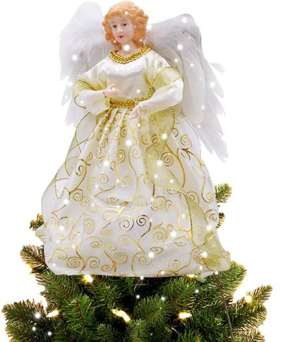Puntale per Albero di Natale con Angelo, Statuetta con Angelo di Natale, Decorazione Natalizia per Interni con Ali di Piume, 12,6 Pollici (Oro)