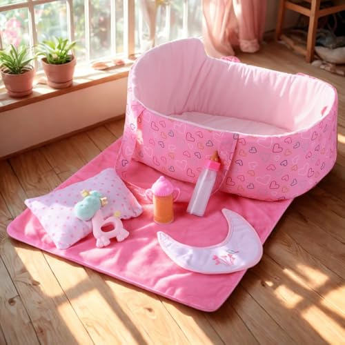 BABESIDE 7 Pcs Reborn Baby Doll Accessories Set for 17-22 Inch Babydolls, Baby Doll Bassinet with Baby Doll Bedding Set and Dolls Feeding Accessories for Realistic Baby Dolls, Pink