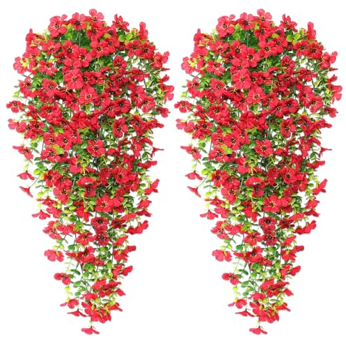Betylifoy Flores Artificiales Colgantes 4PCS Plantas Artificiales Colgantes de Exterior Resistentes a los UV Plantas Artificiales Enredaderas para Decoración de Jardín Patio Exterior (Rojo)