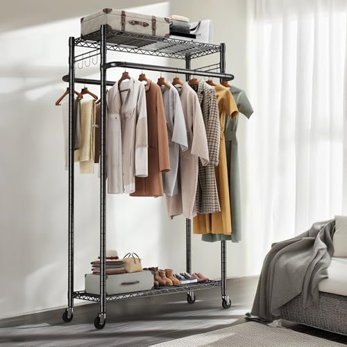 HOKEEPER Double Clothing Storage Rack Heavy Duty 181kg(400lbs) - Freestanding Garment Rail with Adjustable Shelves, Side Mesh & Hooks - Ideal for Bedroom, Cloakroom, Dormitory Hanging Clothes
