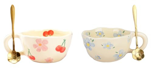 Keramik Teetasse, Geschenke für Frauen, Kawaii Kaffeetasse Handgemachte Kreative Blume becher mit Löffel, Ästhetische Tassen für Milch 250ml Cappuccinotassen Weihnachten Geschenk (Rosa & Blau)