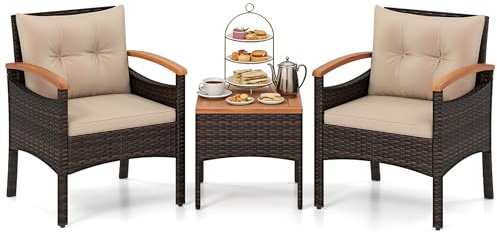 GIANTEX Salon de Jardin Extérieur 2 Personnes 3 Pcs en Résine, 1 Table Basse, 2 Fauteuils avec Coussin, Ensemble de Meuble de Jardin en Rotin PE avec Accoudoir pour Patio, Balcon, Beige