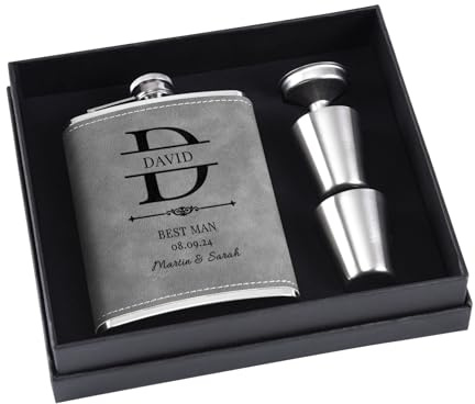 Personalized Flask Gift Set for Best Man Groomsmen, 8 oz 304 Stainless Steel Engraved Hip Flasks, Custom Flask for Wedding (Grey)