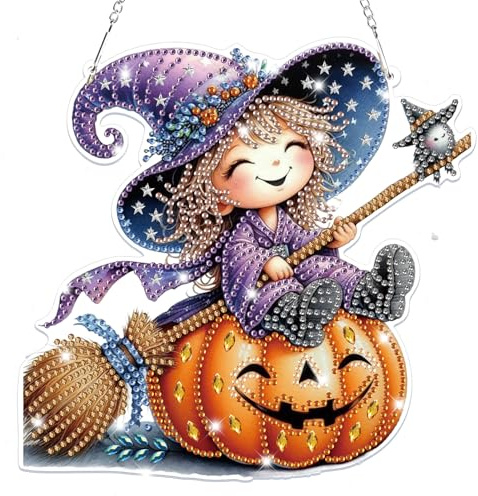 Lxmsja Halloween diamantmålning hängande trollkarl, 5D diamantmålning fönsterbilder på båda sidor för vuxna barn, pysselset, hängande ornament, krans, dörr, fönster, vägg, entré, dekor